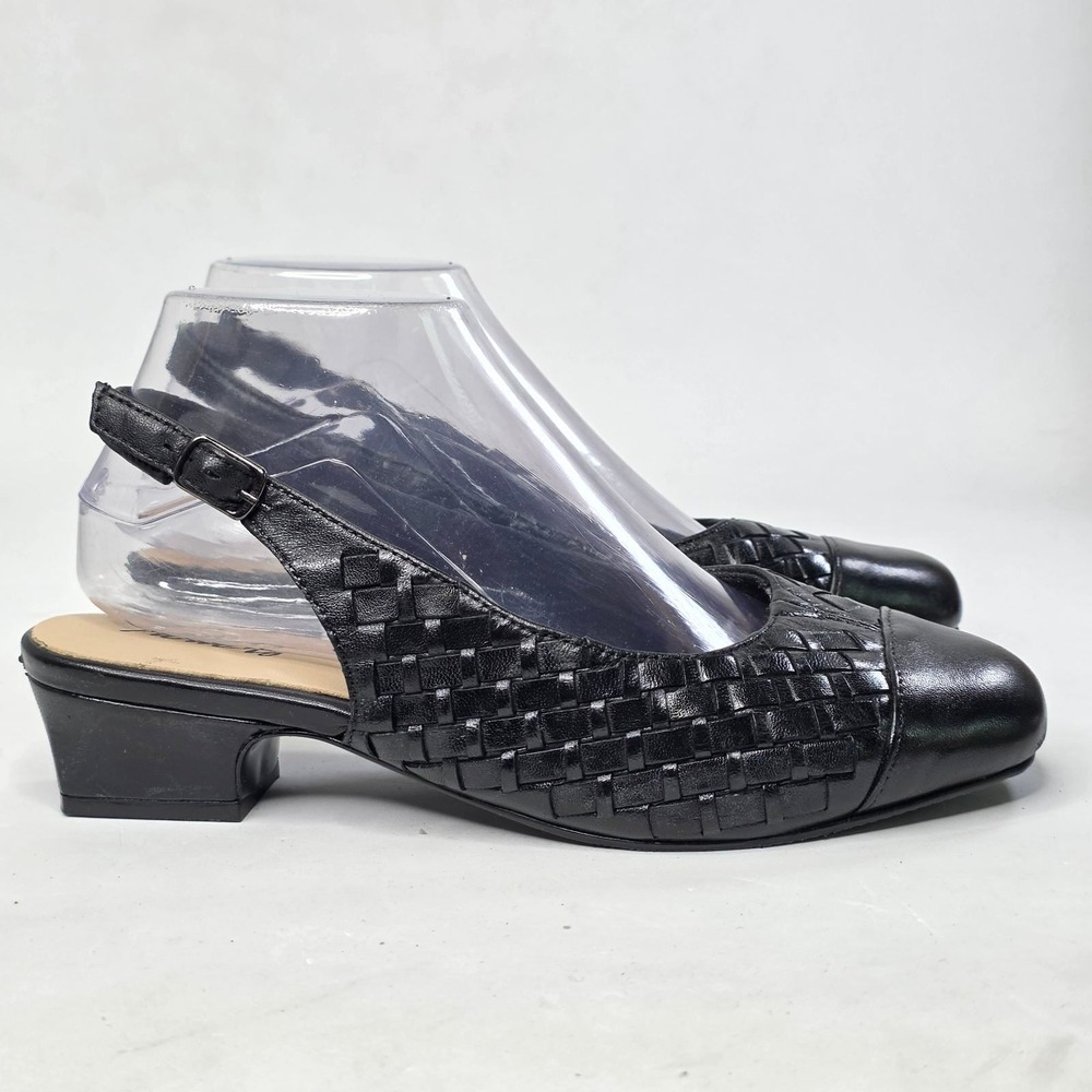 Trotters Sandals Women's 7WW Black Woven Leather Slingback Cap Toe Comfort Pumps